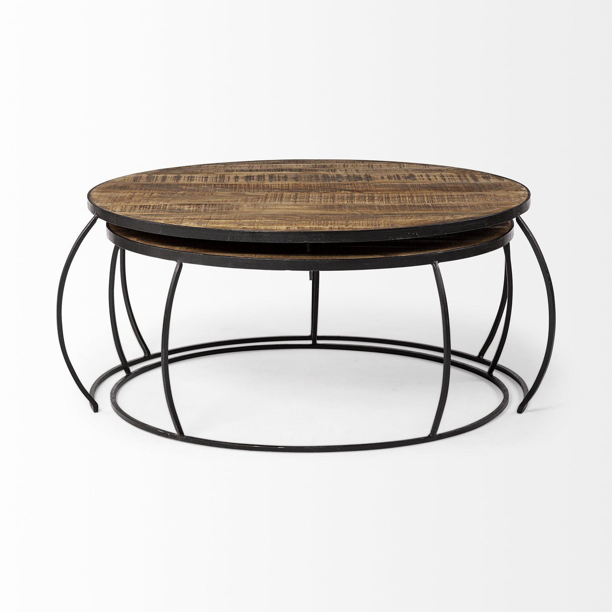 Mercana Clapp I Set of 2 (41" & 38") Round Brown Wood Top Black Iron Base Nesting Coffee Tables