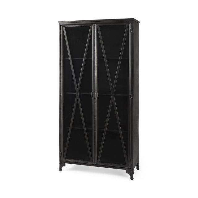 Mercana Poppy II 73.8" H Black Metal With Glass Door Display Cabinet