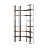 Mercana Turner II 37L x 10.5W x 90H Curved Dark Brown Wood And Black Iron Six Shelving Unit