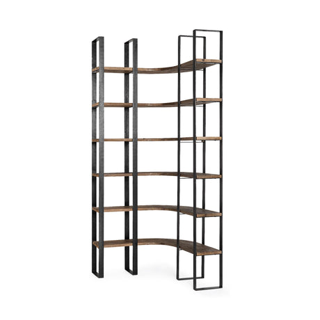 Mercana Turner II 37L x 10.5W x 90H Curved Dark Brown Wood And Black Iron Six Shelving Unit