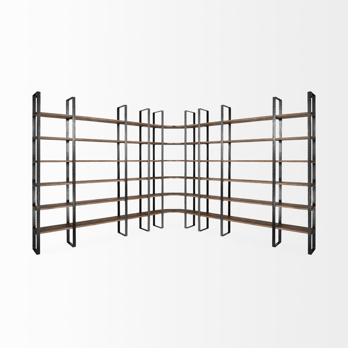 Mercana Turner II 37L x 10.5W x 90H Curved Dark Brown Wood And Black Iron Six Shelving Unit