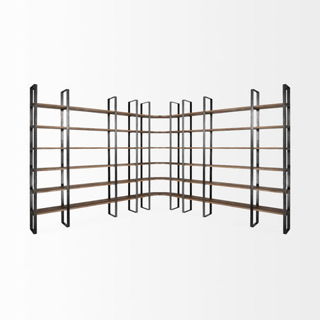 Mercana Turner II 37L x 10.5W x 90H Curved Dark Brown Wood And Black Iron Six Shelving Unit