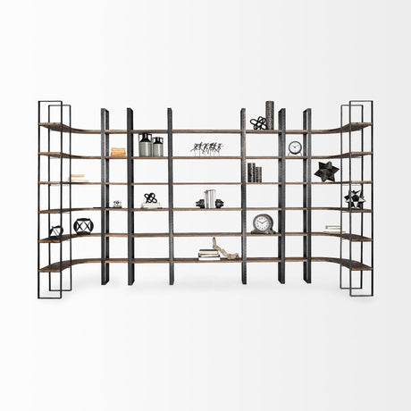 Mercana Turner II 37L x 10.5W x 90H Curved Dark Brown Wood And Black Iron Six Shelving Unit
