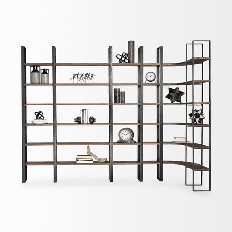 Mercana Turner II 37L x 10.5W x 90H Curved Dark Brown Wood And Black Iron Six Shelving Unit