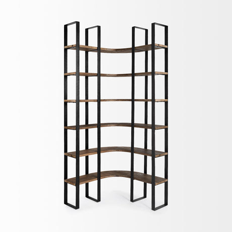 Mercana Turner II 37L x 10.5W x 90H Curved Dark Brown Wood And Black Iron Six Shelving Unit