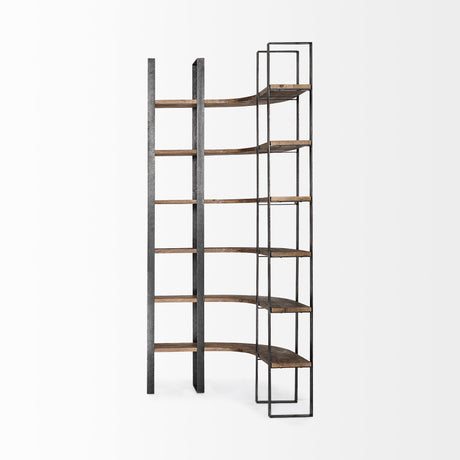 Mercana Turner II 37L x 10.5W x 90H Curved Dark Brown Wood And Black Iron Six Shelving Unit