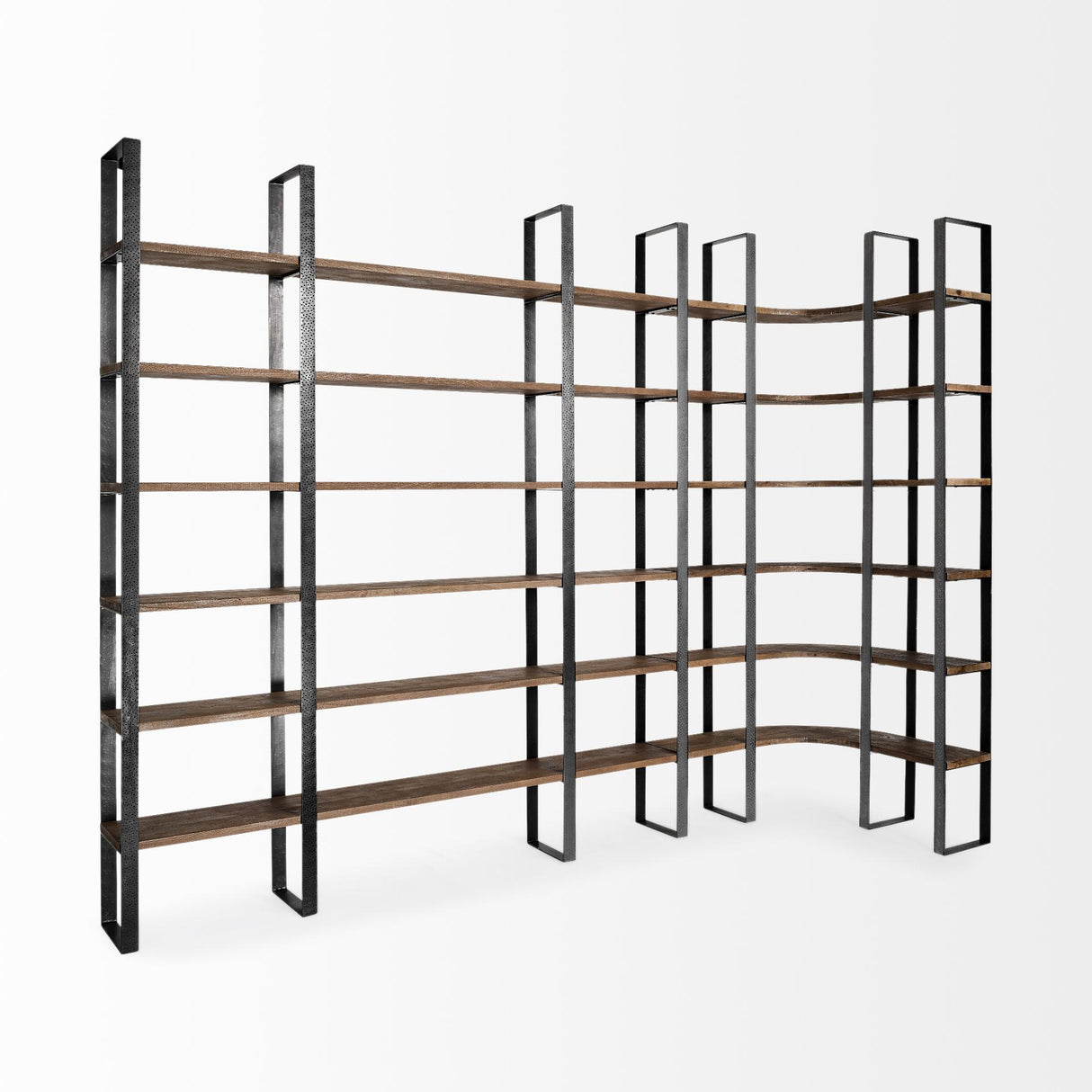 Mercana Turner II 37L x 10.5W x 90H Curved Dark Brown Wood And Black Iron Six Shelving Unit