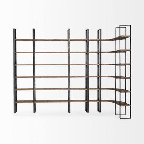 Mercana Turner II 37L x 10.5W x 90H Curved Dark Brown Wood And Black Iron Six Shelving Unit