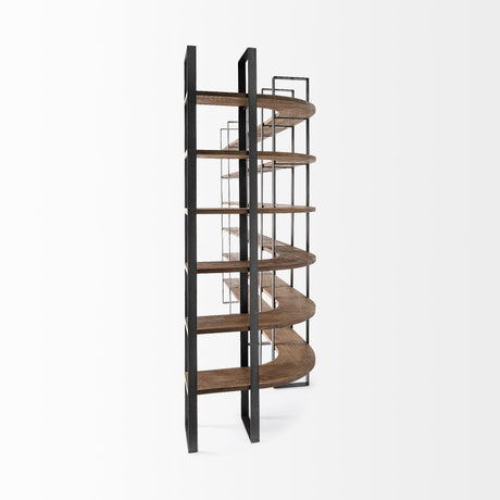 Mercana Turner II 37L x 10.5W x 90H Curved Dark Brown Wood And Black Iron Six Shelving Unit