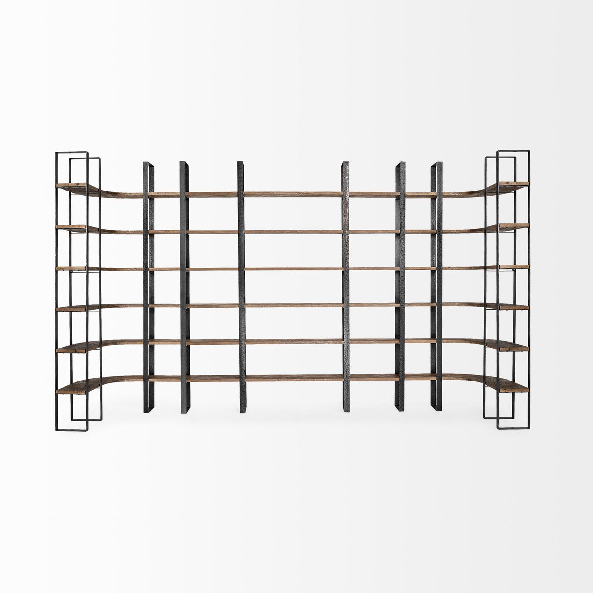 Mercana Turner II 37L x 10.5W x 90H Curved Dark Brown Wood And Black Iron Six Shelving Unit