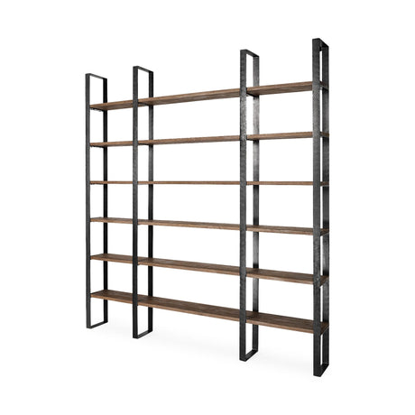 Mercana Taunton II 80L x 10.5W x 90H Dark Brown Wood And Black Iron Six Shelving Unit