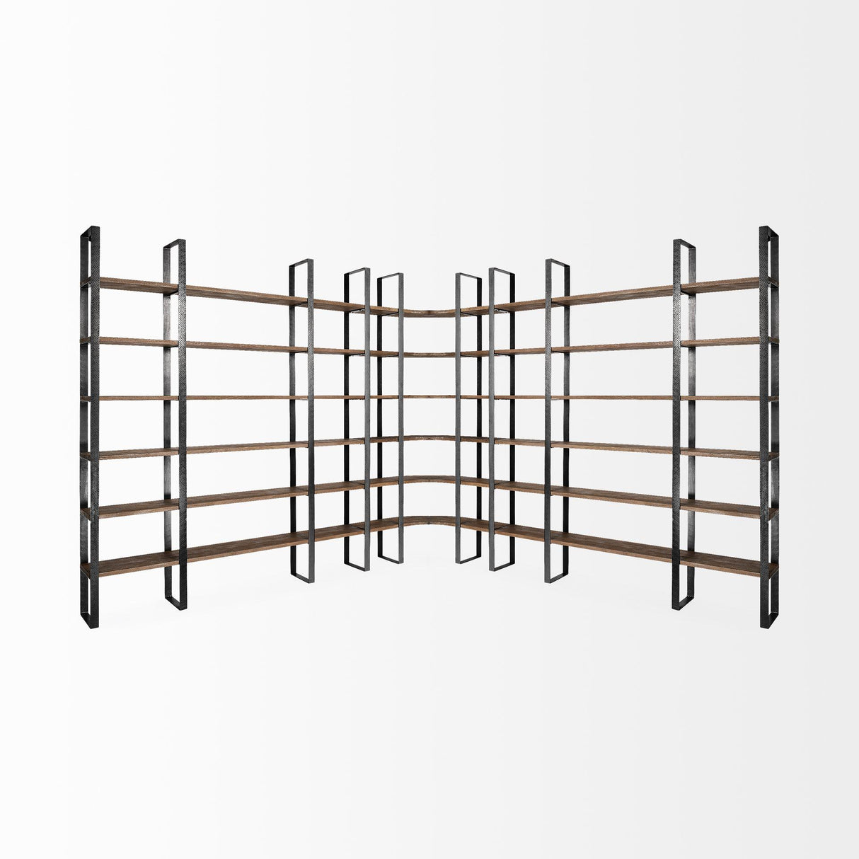 Mercana Taunton II 80L x 10.5W x 90H Dark Brown Wood And Black Iron Six Shelving Unit
