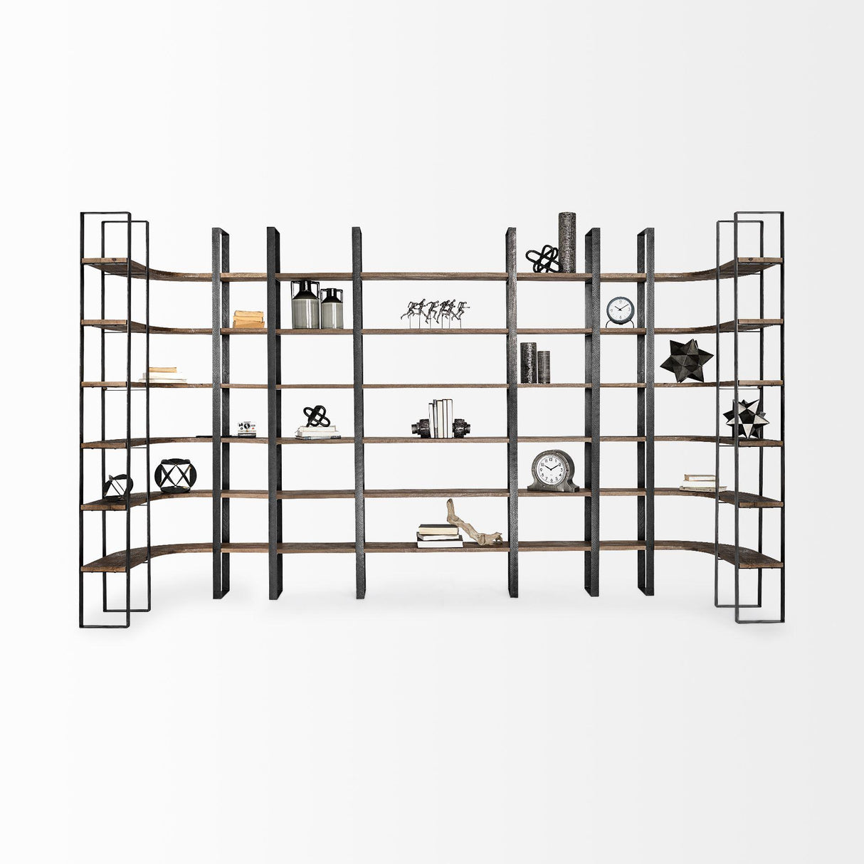 Mercana Taunton II 80L x 10.5W x 90H Dark Brown Wood And Black Iron Six Shelving Unit