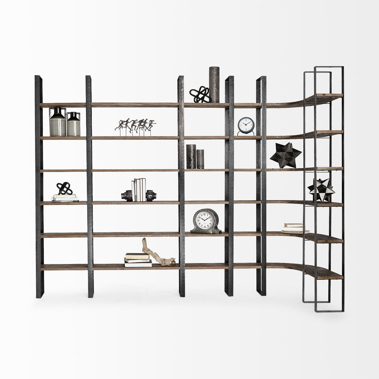 Mercana Taunton II 80L x 10.5W x 90H Dark Brown Wood And Black Iron Six Shelving Unit