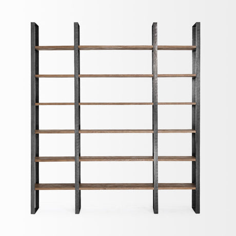 Mercana Taunton II 80L x 10.5W x 90H Dark Brown Wood And Black Iron Six Shelving Unit