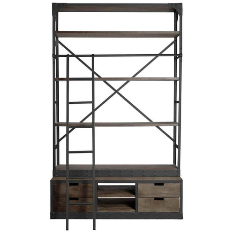 Mercana Brodie VIII 57L x 20.5W x 94H Brown Wood Gun-Metal Ladder Four Shelf Shelving Unit