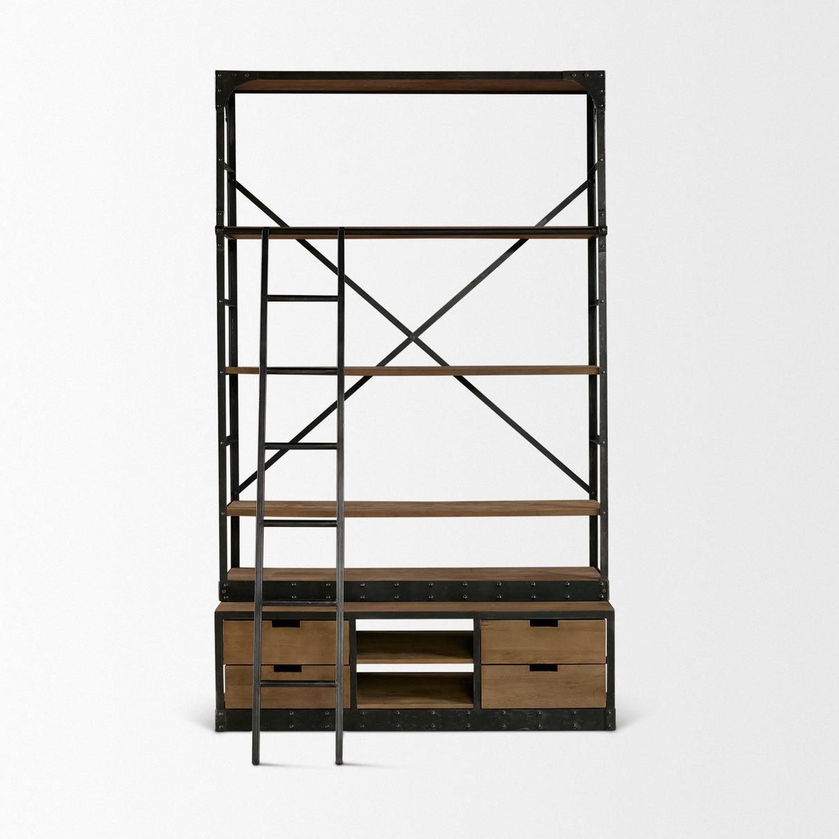 Mercana Brodie VIII 57L x 20.5W x 94H Brown Wood Gun-Metal Ladder Four Shelf Shelving Unit