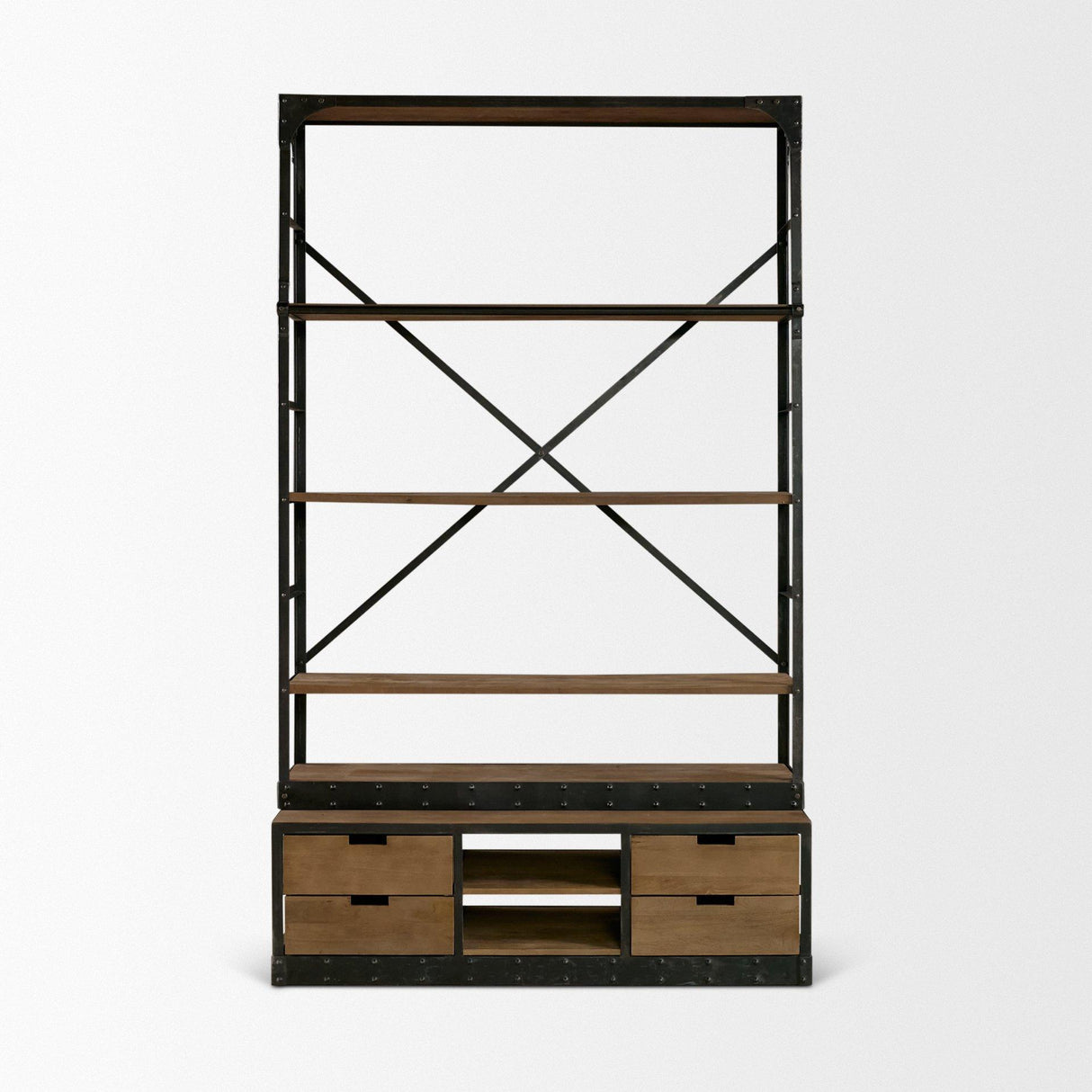 Mercana Brodie VIII 57L x 20.5W x 94H Brown Wood Gun-Metal Ladder Four Shelf Shelving Unit