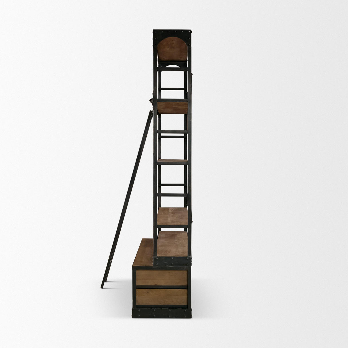Mercana Brodie VIII 57L x 20.5W x 94H Brown Wood Gun-Metal Ladder Four Shelf Shelving Unit