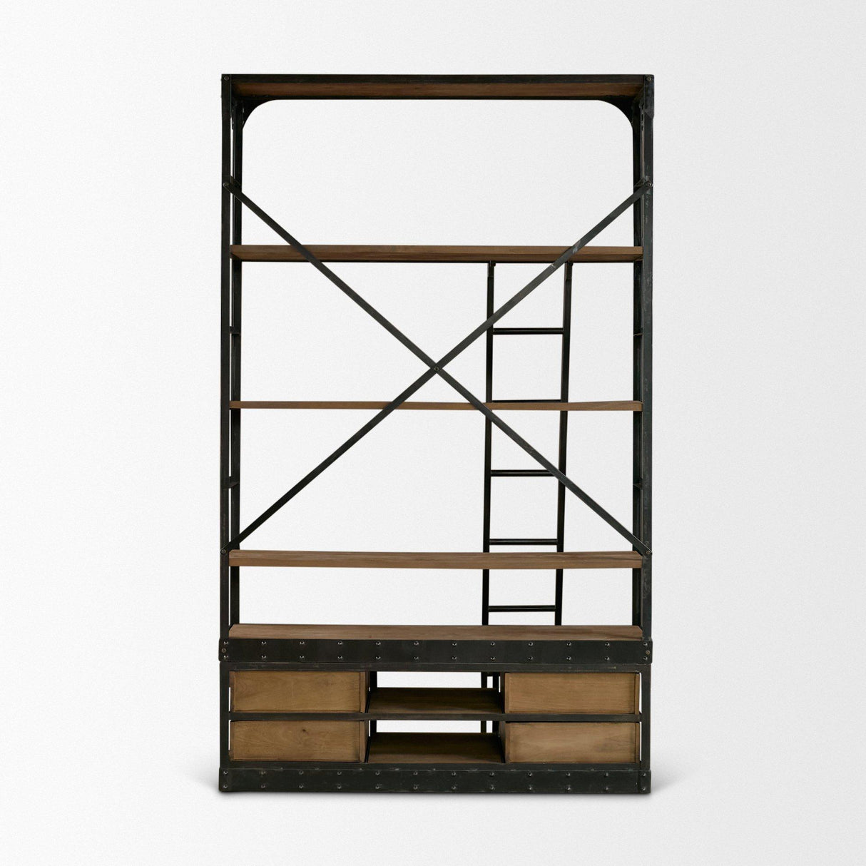 Mercana Brodie VIII 57L x 20.5W x 94H Brown Wood Gun-Metal Ladder Four Shelf Shelving Unit