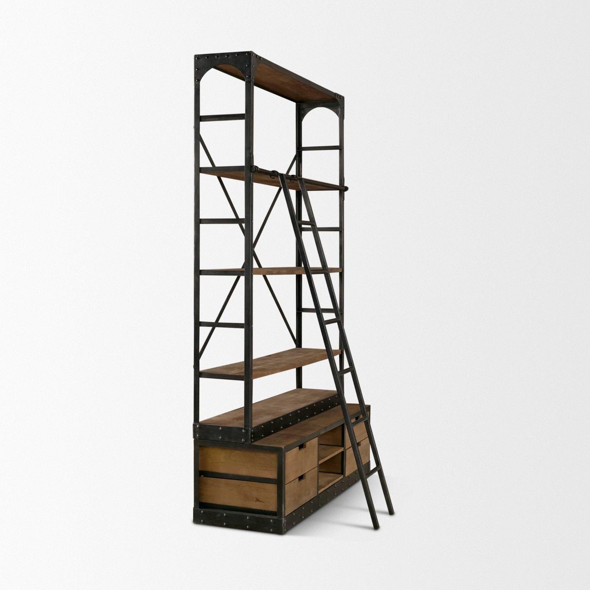 Mercana Brodie VIII 57L x 20.5W x 94H Brown Wood Gun-Metal Ladder Four Shelf Shelving Unit