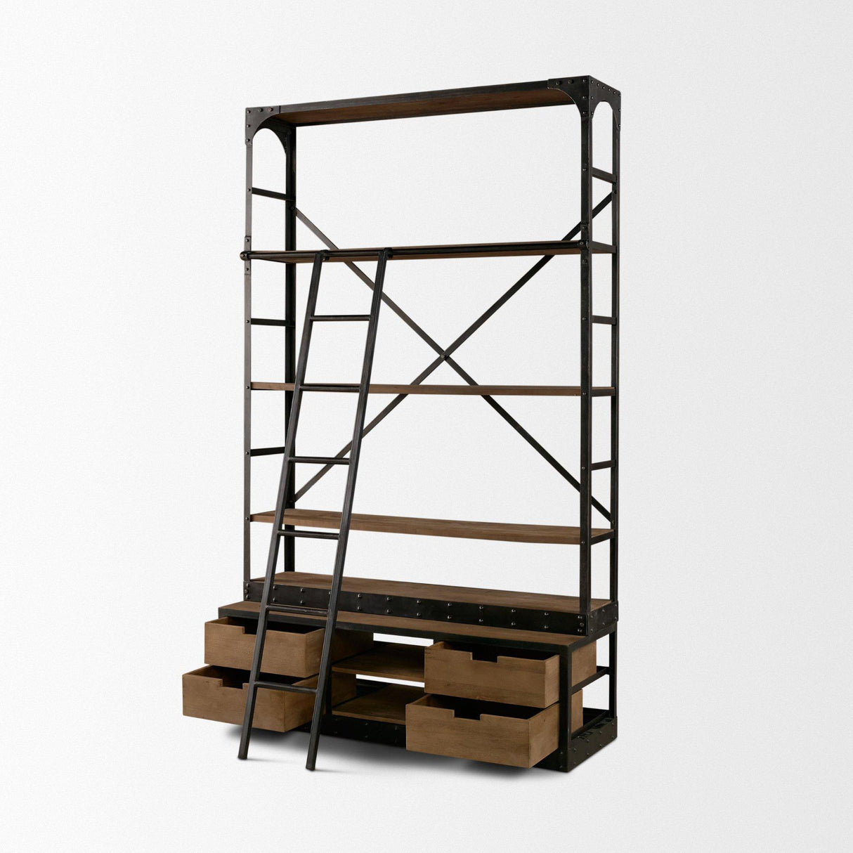 Mercana Brodie VIII 57L x 20.5W x 94H Brown Wood Gun-Metal Ladder Four Shelf Shelving Unit