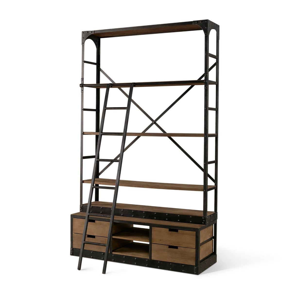 Mercana Brodie VIII 57L x 20.5W x 94H Brown Wood Gun-Metal Ladder Four Shelf Shelving Unit