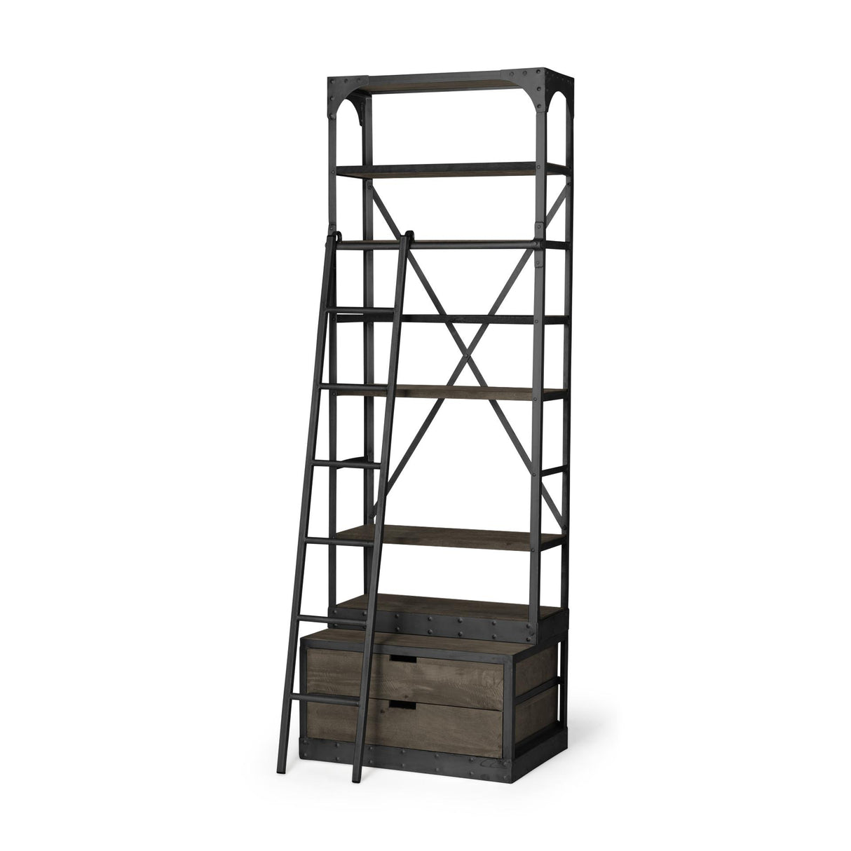 Mercana Brodie VII 32L x 22W x 94H Brown Wood Gun-Metal Bracing Four Shelf Shelving Unit