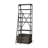 Mercana Brodie VII 32L x 22W x 94H Brown Wood Gun-Metal Bracing Four Shelf Shelving Unit