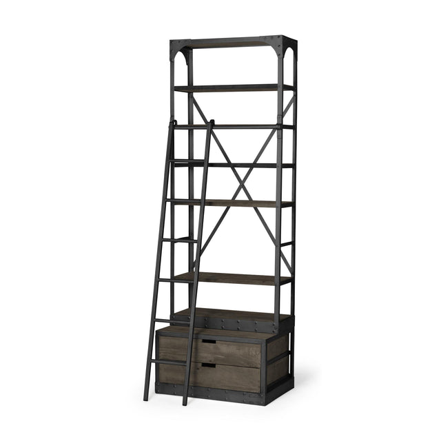 Mercana Brodie VII 32L x 22W x 94H Brown Wood Gun-Metal Bracing Four Shelf Shelving Unit