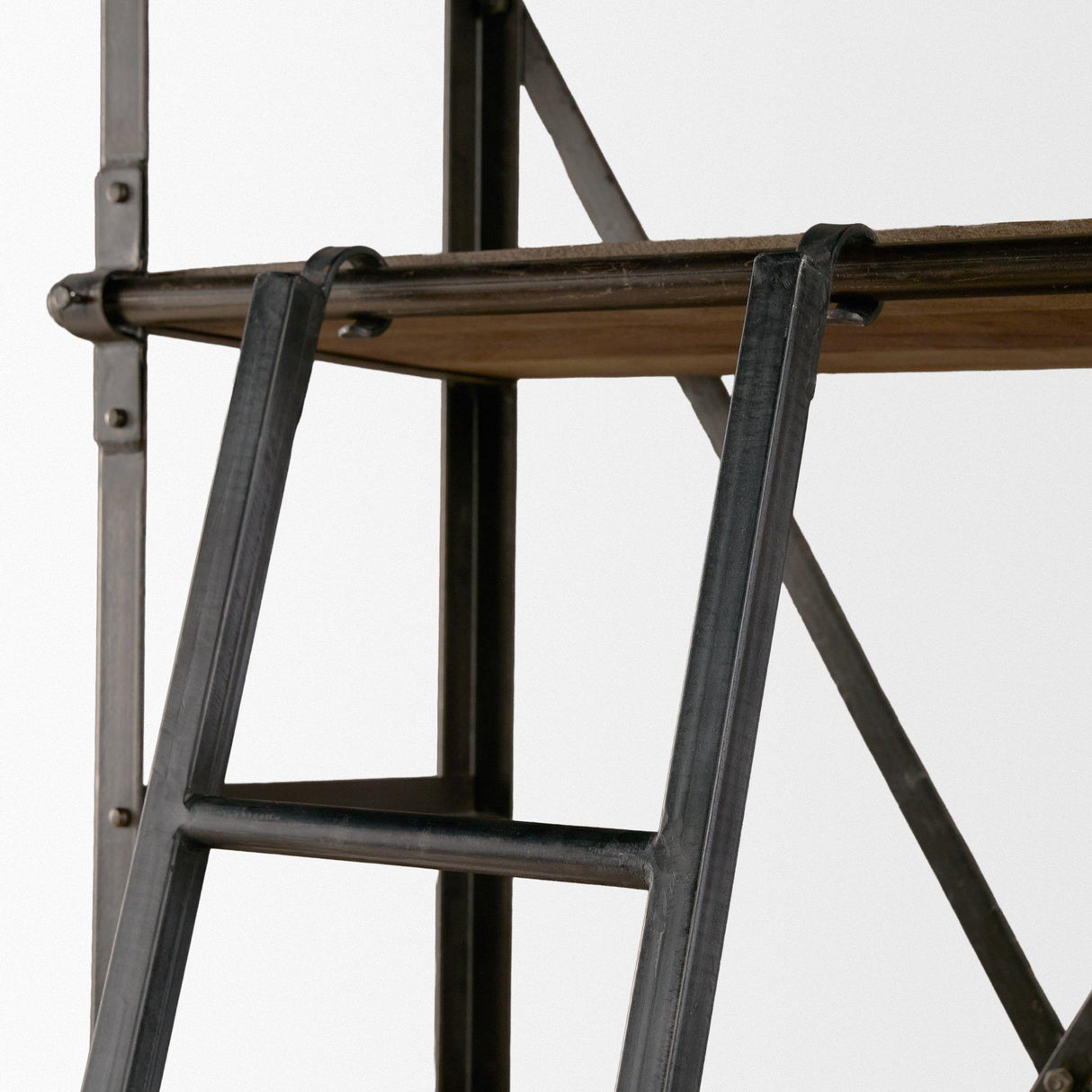 Mercana Brodie VII 32L x 22W x 94H Brown Wood Gun-Metal Bracing Four Shelf Shelving Unit