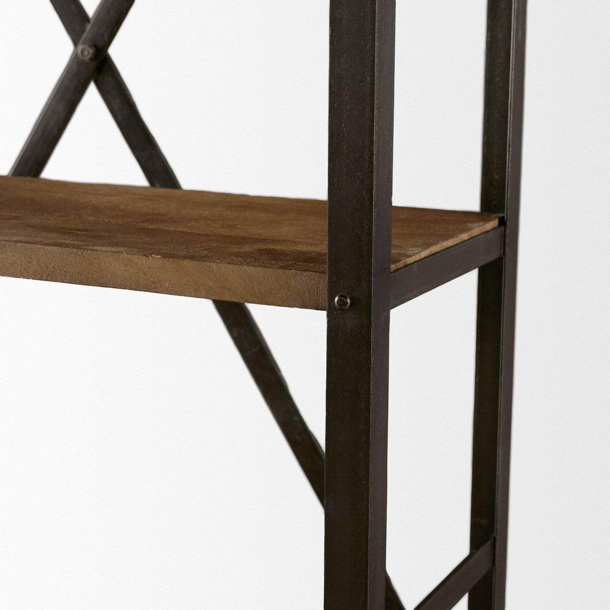 Mercana Brodie VII 32L x 22W x 94H Brown Wood Gun-Metal Bracing Four Shelf Shelving Unit