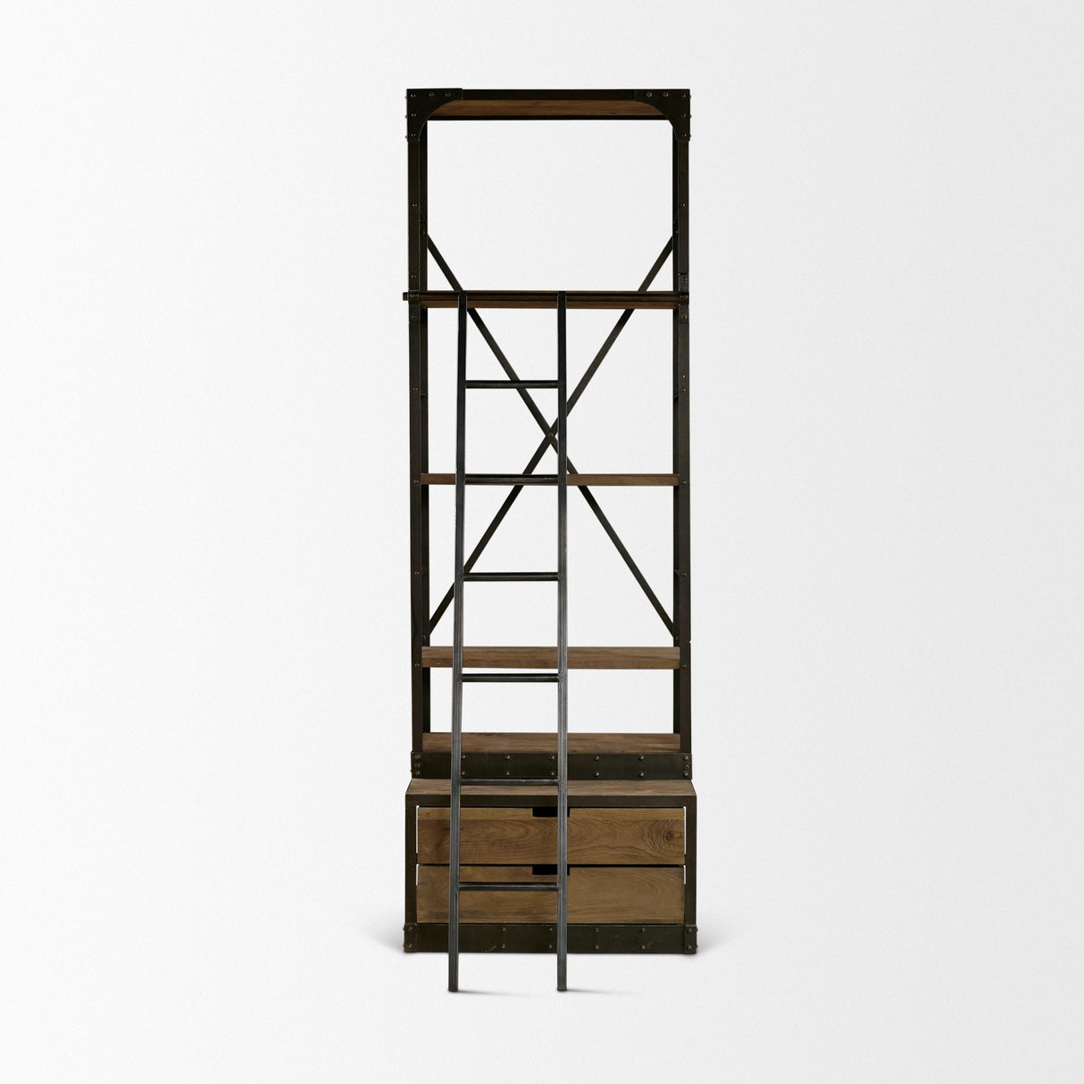 Mercana Brodie VII 32L x 22W x 94H Brown Wood Gun-Metal Bracing Four Shelf Shelving Unit
