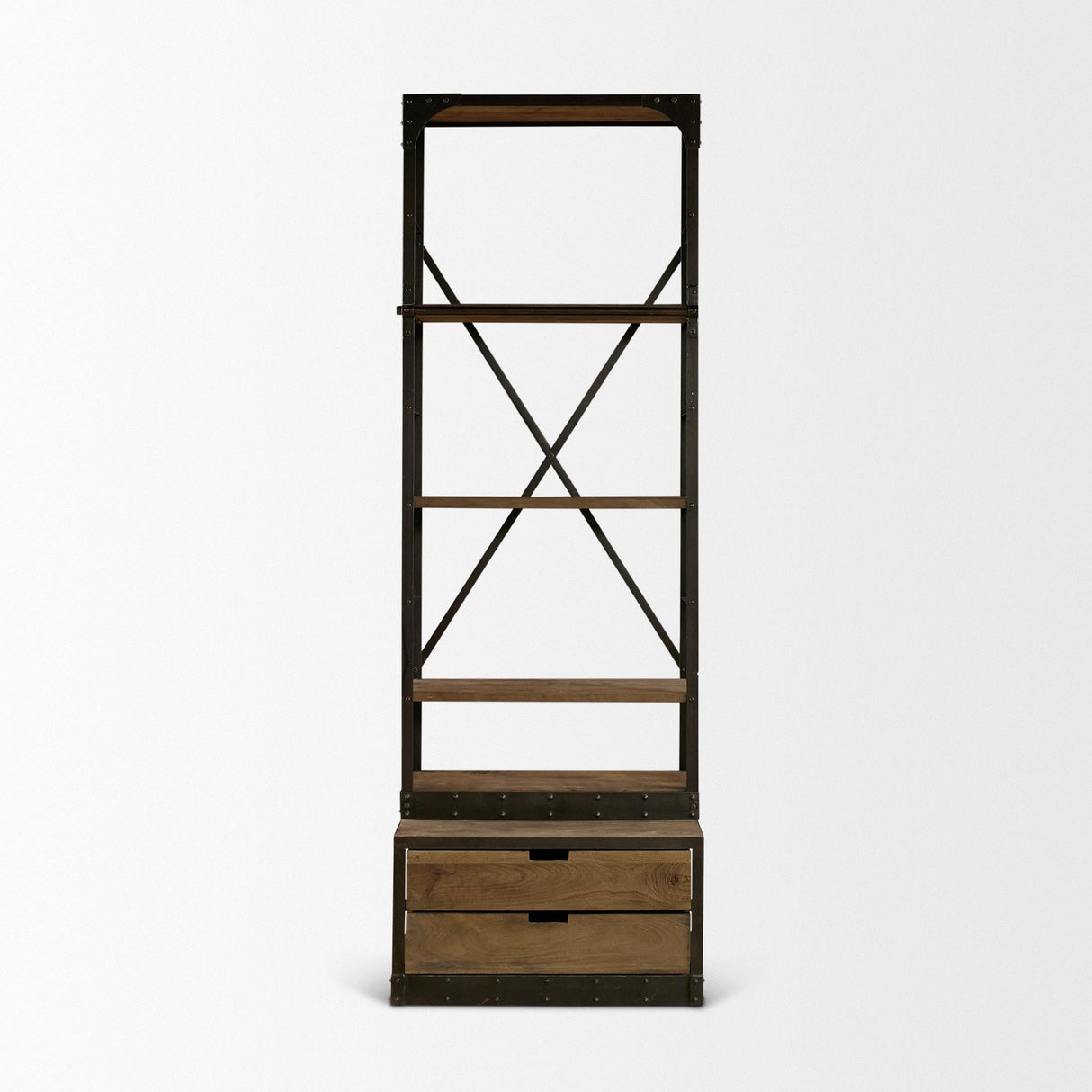 Mercana Brodie VII 32L x 22W x 94H Brown Wood Gun-Metal Bracing Four Shelf Shelving Unit