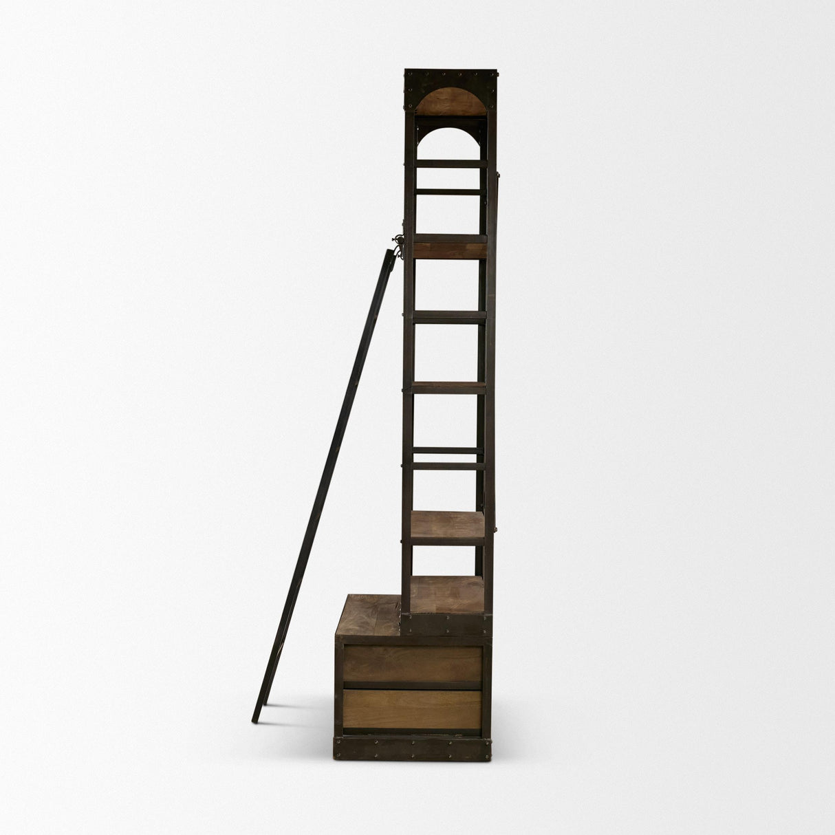Mercana Brodie VII 32L x 22W x 94H Brown Wood Gun-Metal Bracing Four Shelf Shelving Unit