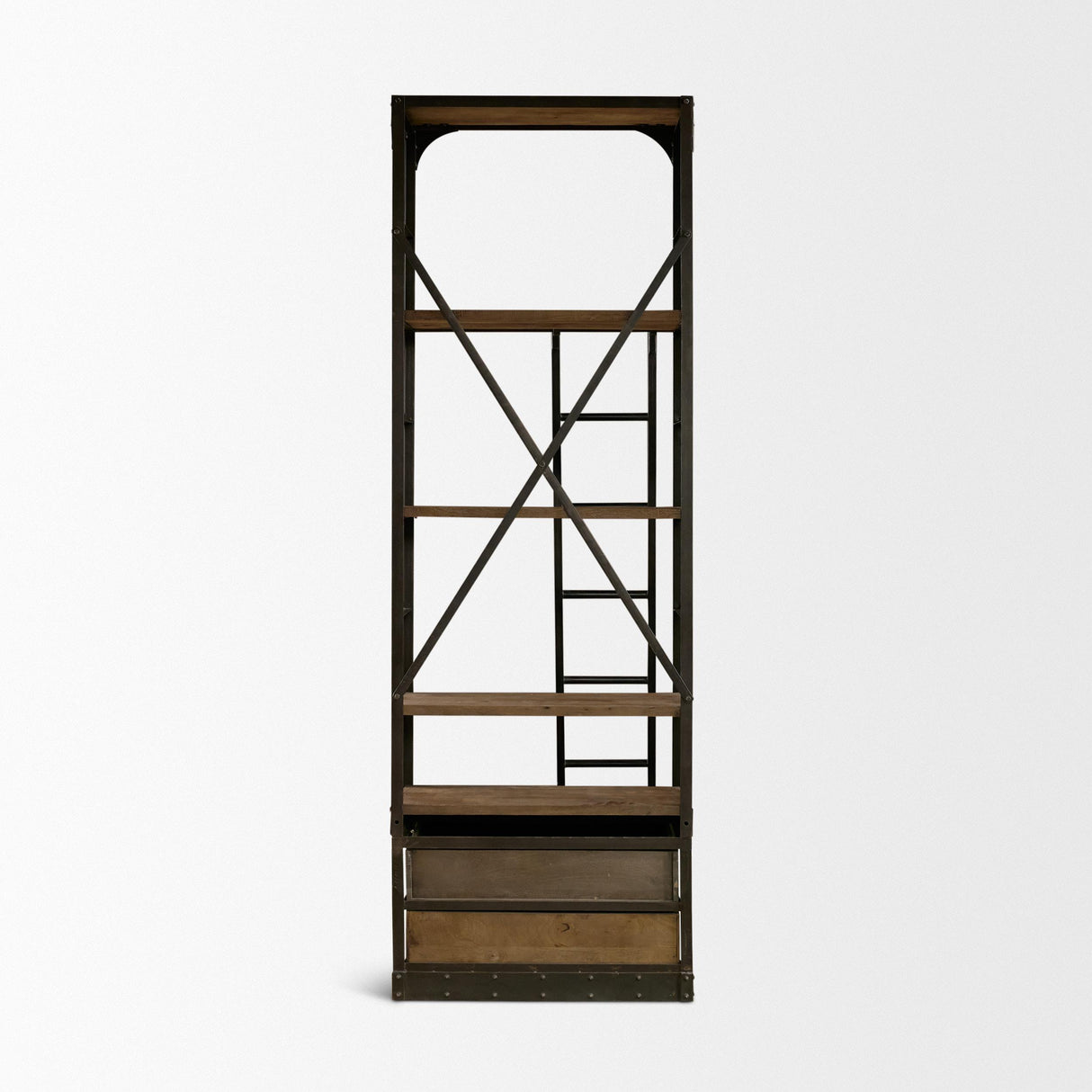 Mercana Brodie VII 32L x 22W x 94H Brown Wood Gun-Metal Bracing Four Shelf Shelving Unit