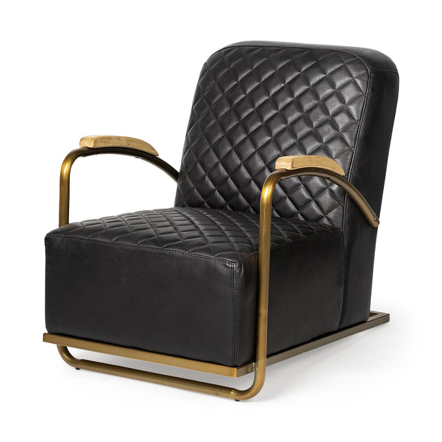 Mercana Horace I Black Leather Diamond Pattern w/Gold Iron Frame Accent Chair