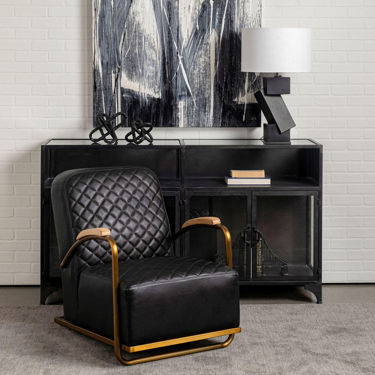 Mercana Horace I Black Leather Diamond Pattern w/Gold Iron Frame Accent Chair