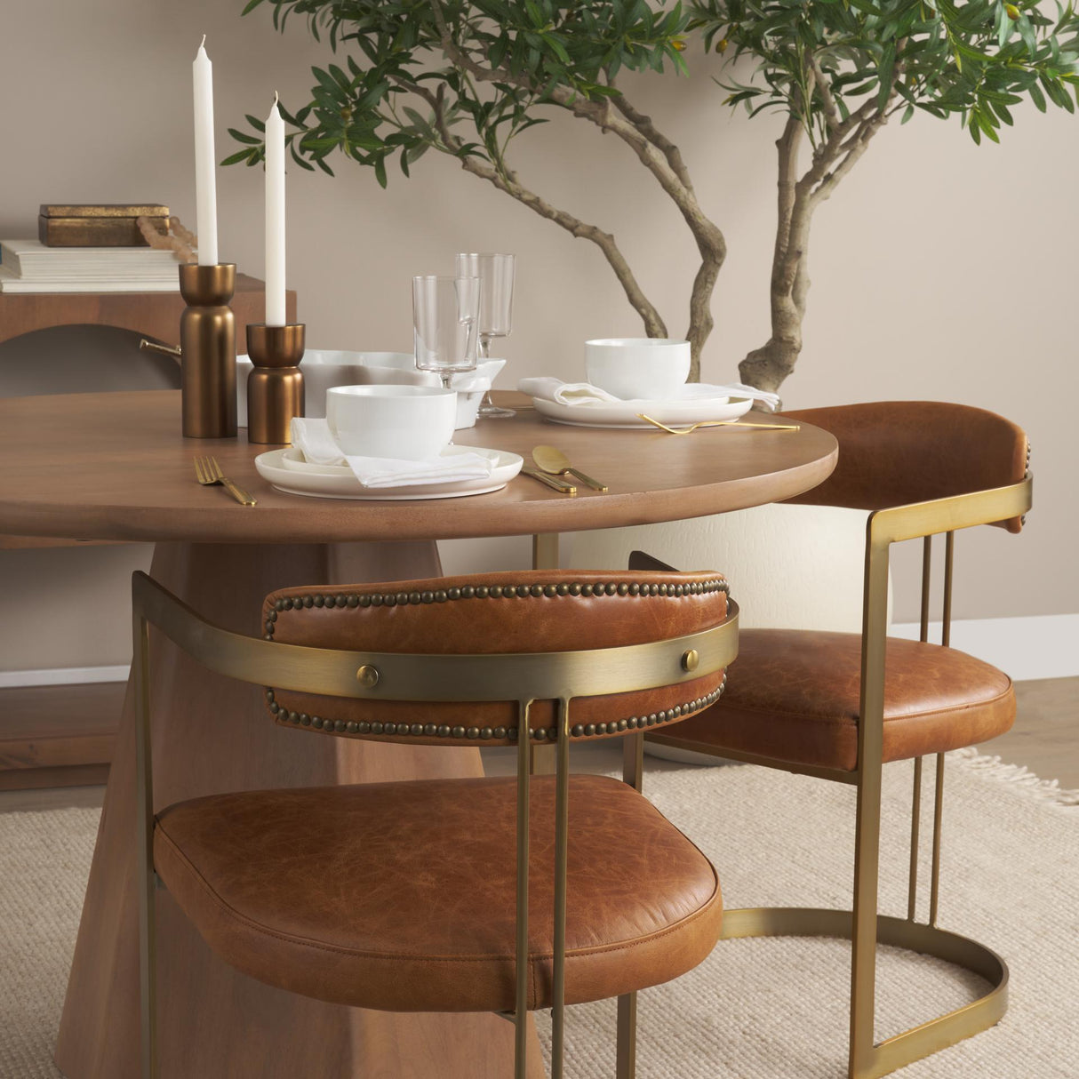 Mercana Hollyfield I Brown Leather Seat Gold Iron Frame Dining Chair