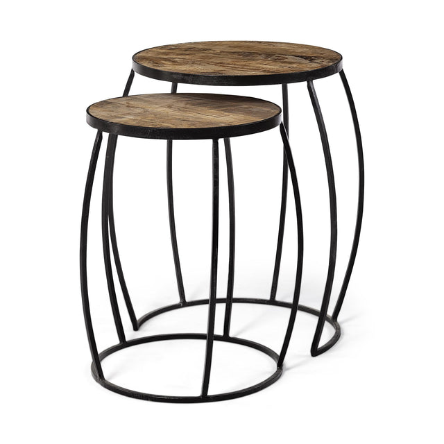 Mercana Clapp IV (Set of 2) 20L x 20W Brown Round Wood Top W/ Black Iron Frame Nesting Accent Tables