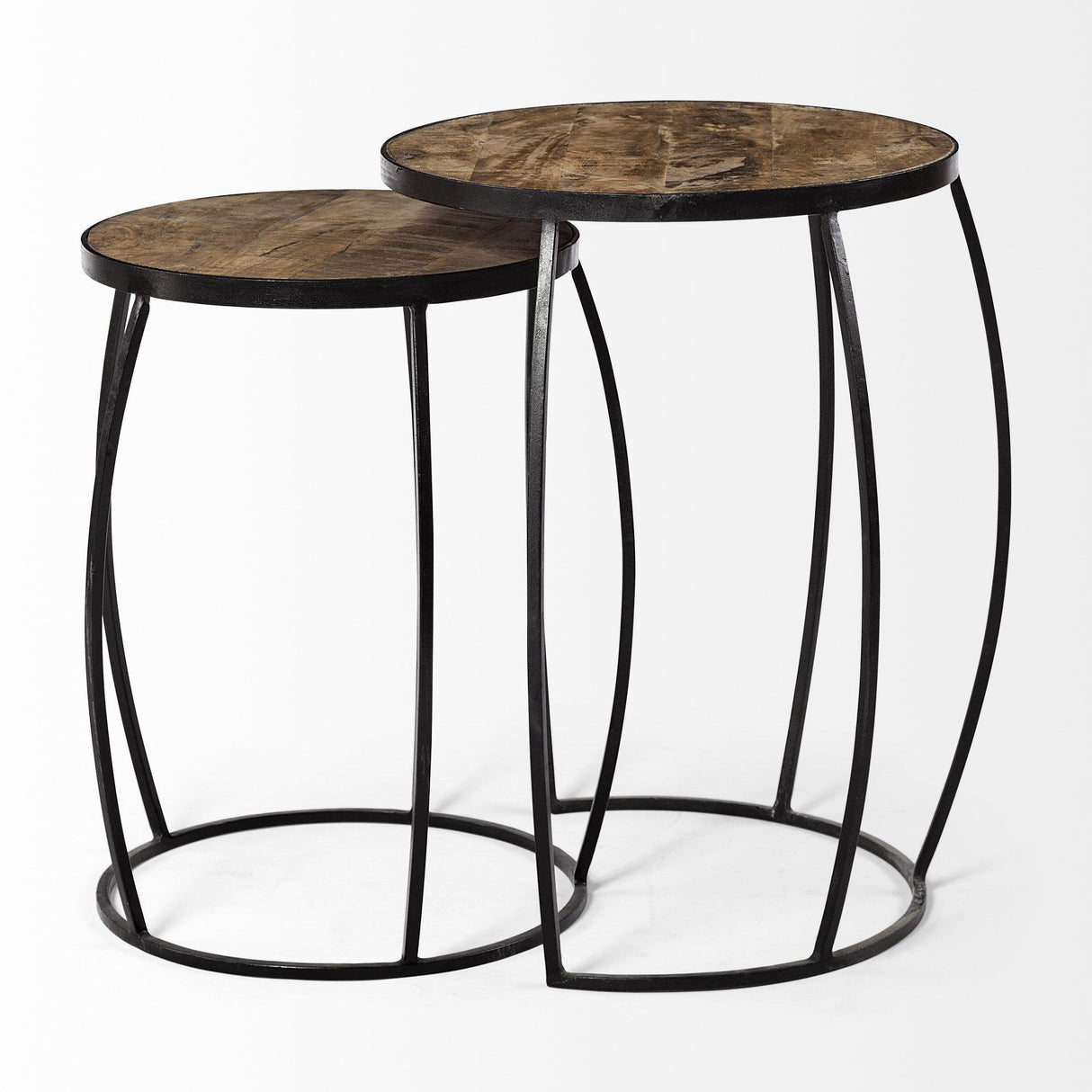 Mercana Clapp IV (Set of 2) 20L x 20W Brown Round Wood Top W/ Black Iron Frame Nesting Accent Tables
