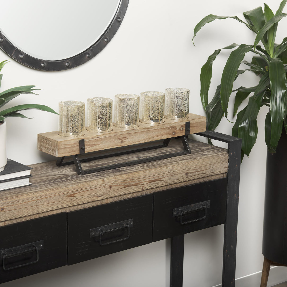 Mercana Benk Wood and Black Metal Five Cup Candle Holder
