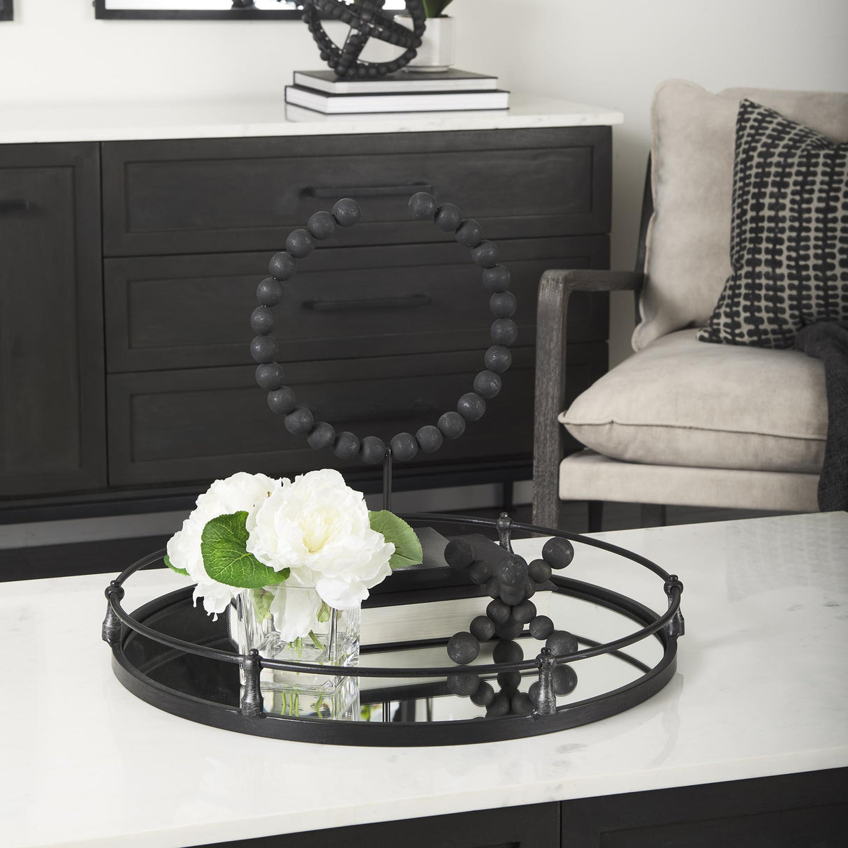 Mercana Kimbel 24L x 24W Black Metal Mirrored Base Round Tray