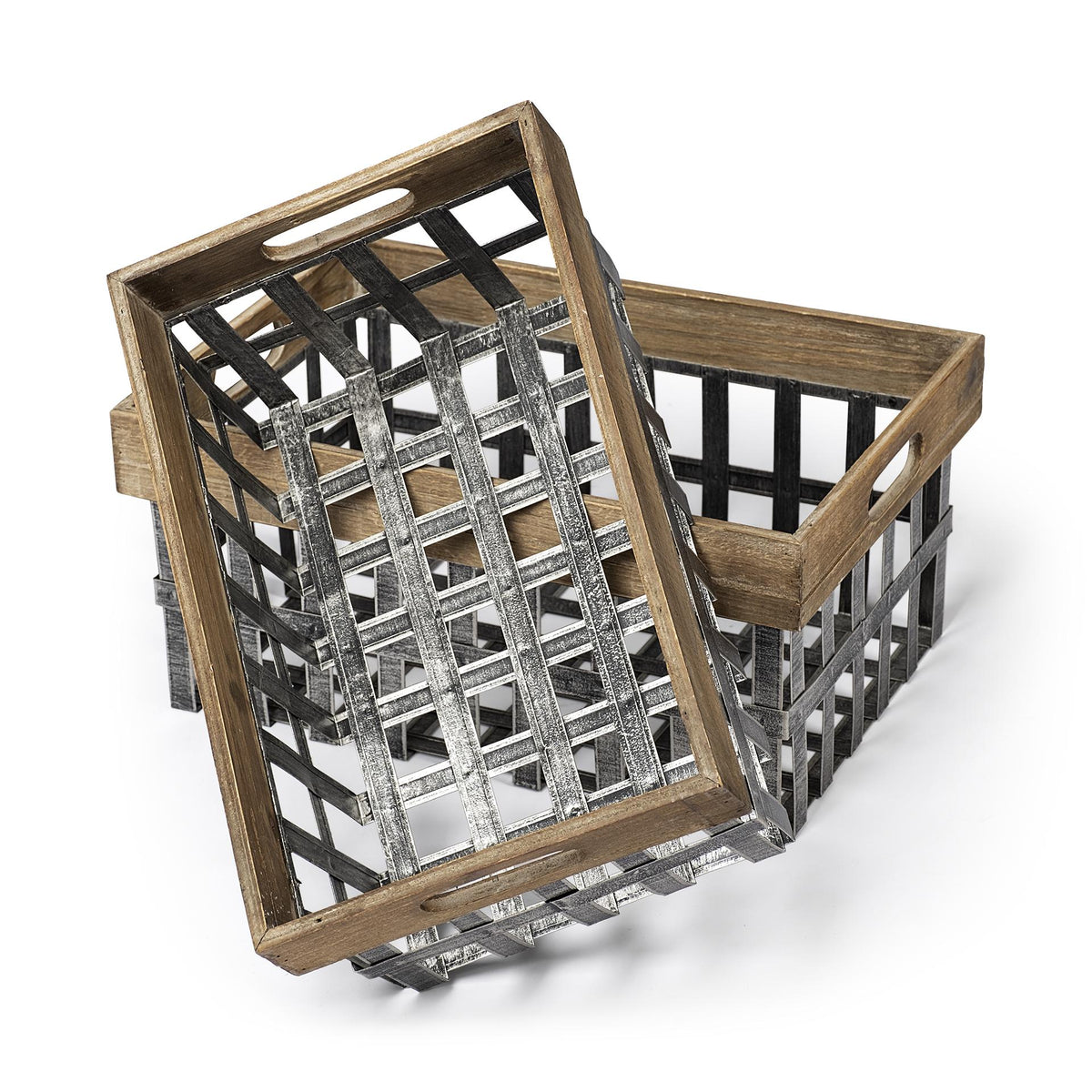 Mercana Chartrand Set of 2 Wood And Metal Open Crate Style Baskets