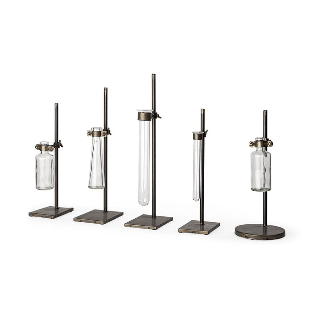 Mercana Jarvis Set of Five Dark Brown Metal and Glass Chemistry Inspired Bottles