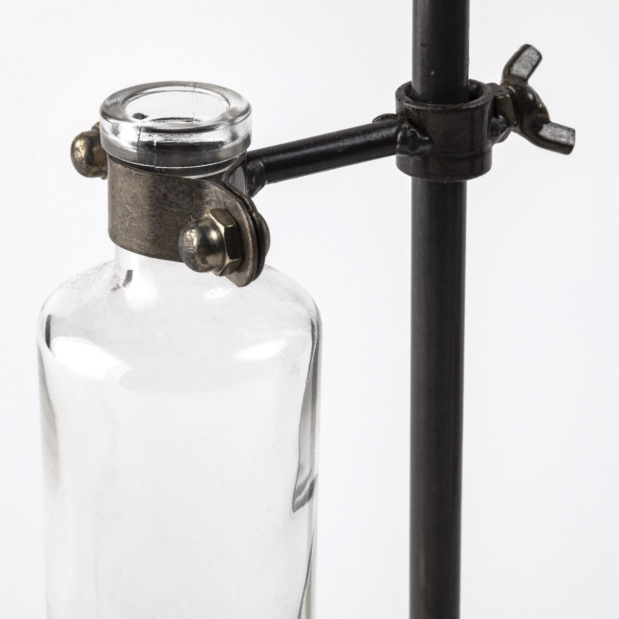Mercana Jarvis Set of Five Dark Brown Metal and Glass Chemistry Inspired Bottles