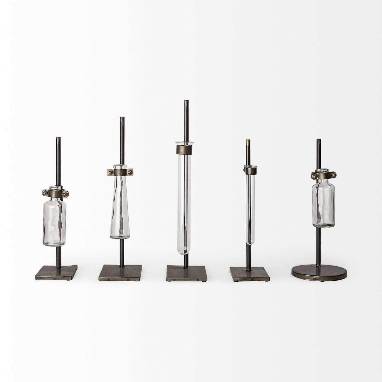 Mercana Jarvis Set of Five Dark Brown Metal and Glass Chemistry Inspired Bottles