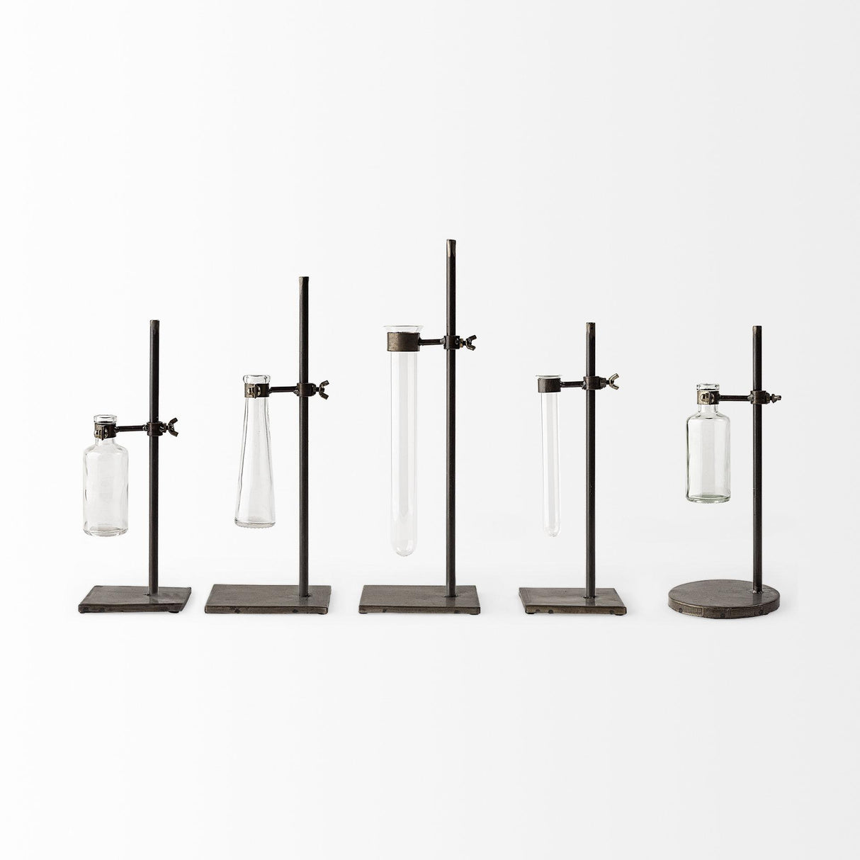 Mercana Jarvis Set of Five Dark Brown Metal and Glass Chemistry Inspired Bottles