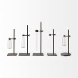 Mercana Jarvis Set of Five Dark Brown Metal and Glass Chemistry Inspired Bottles