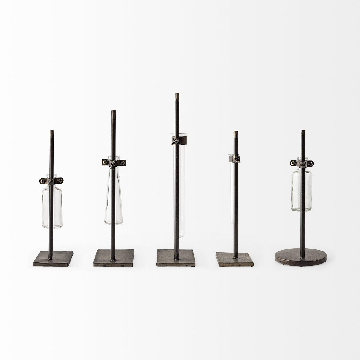 Mercana Jarvis Set of Five Dark Brown Metal and Glass Chemistry Inspired Bottles